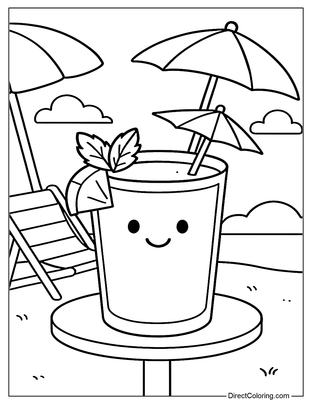 Coloring page of a mango smoothie with a mini umbrella and mint leaves, a sun lounger and an umbrella in the background.